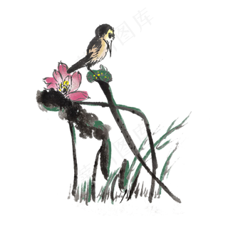 花鸟莲花手绘水墨,免抠元素