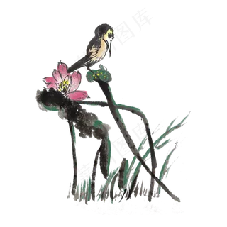 花鸟莲花手绘水墨,免抠元素