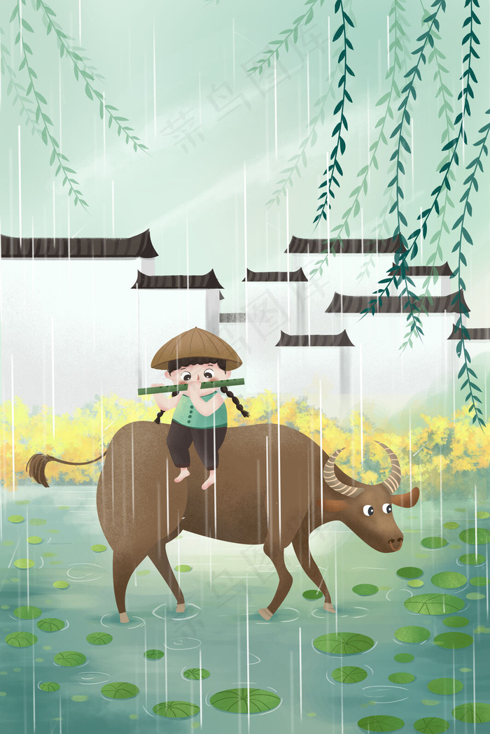 小清新牧童放牛吹笛(3545X5315(DPI:300))psd模版下载