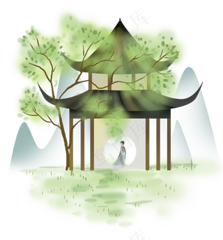 中国风亭子里的古典女孩,免抠元素