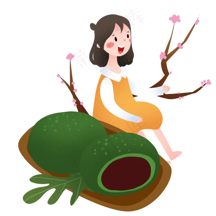 清明节青团和女孩插画