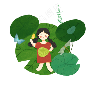 立夏荷花莲花池塘PNG节气少女