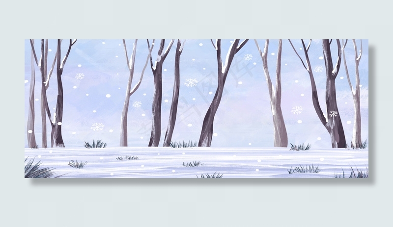 树木下雪雪花冷色系