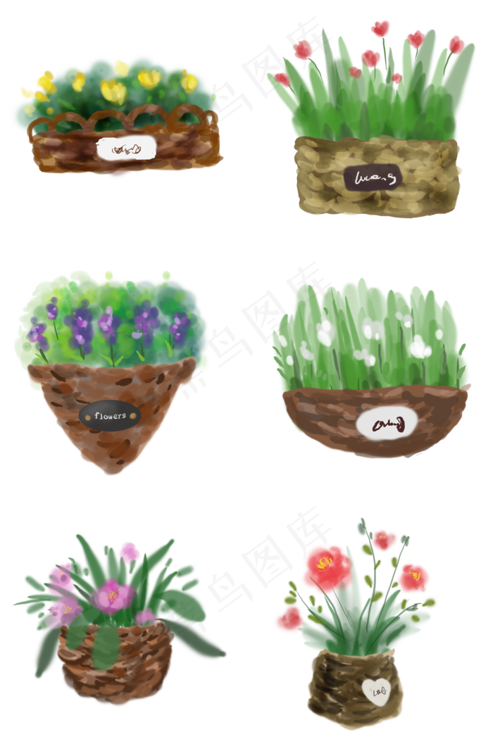 手绘多种花篮素材(2000X3020(DPI:300))psd模版下载