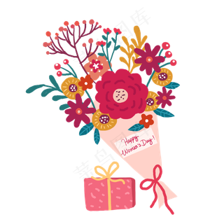 红色系手绘花束和礼盒PNG免抠素