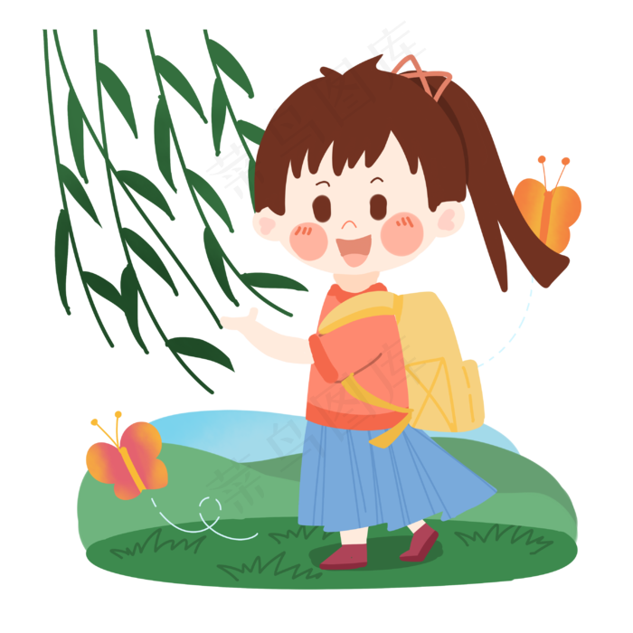 清明节卡通女孩踏青出游PNG素材
