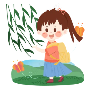 清明节卡通女孩踏青出游PNG素材