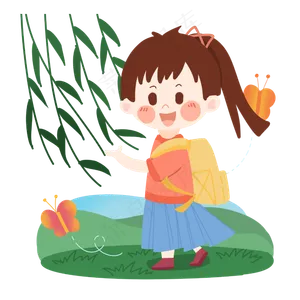 清明节卡通女孩踏青出游PNG素材