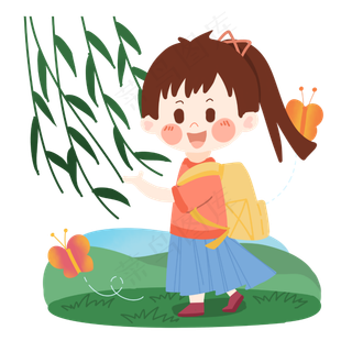 清明节卡通女孩踏青出游PNG素材
