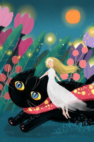 卡通手绘风夏景黑猫女孩配图