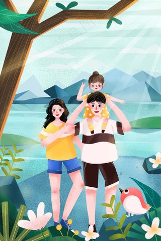 小清新夏天一家人户外游玩合照