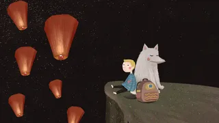 星空下看孔明灯的小男孩