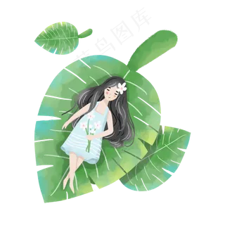 在绿叶上睡着的蓝衣女孩