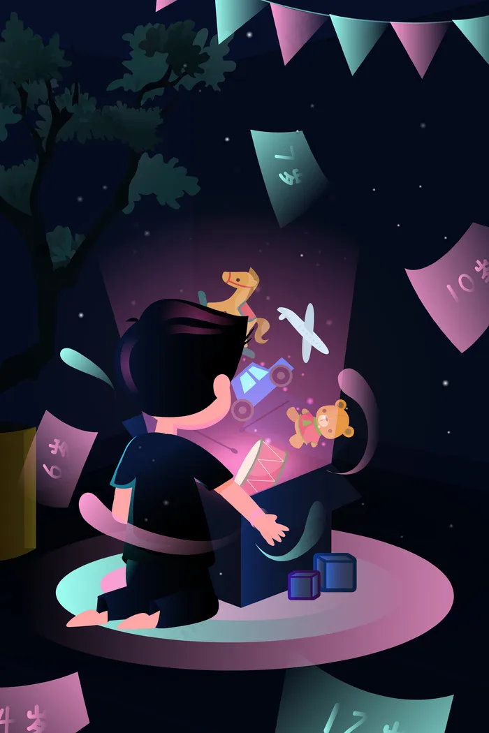 61儿童节时光机盒子玩具梦幻夜晚配图(3545*5315px 300 dpi )ai矢量模版下载