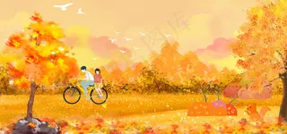 暖色调立秋树林美景banner图
