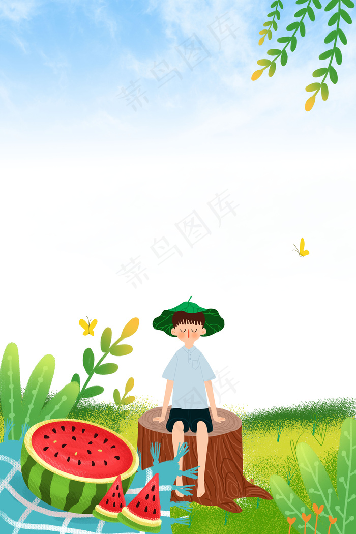 清新绿色夏至西瓜男孩背景