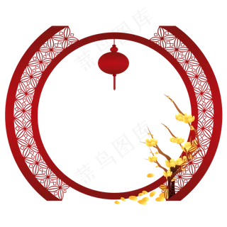 梅花红色圆边框手绘,免抠元素