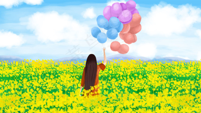 二十四节气春分油菜花田插画配图