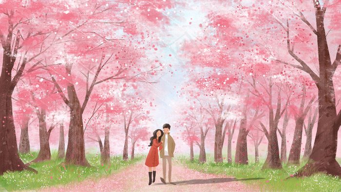 情侣一起欣赏 樱花浪漫治愈系手绘横图