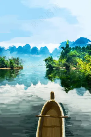 美景山水船蓝天白云