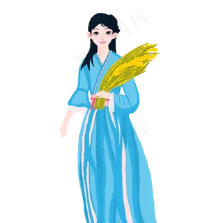 处暑捧着稻穗的女孩走来高清图
