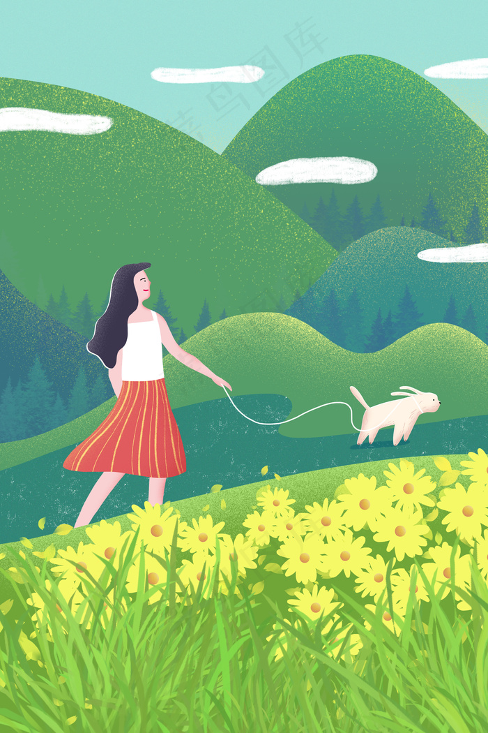 夏天出游赏花的女孩和小狗(3545*5315px 300 dpi )psd模版下载