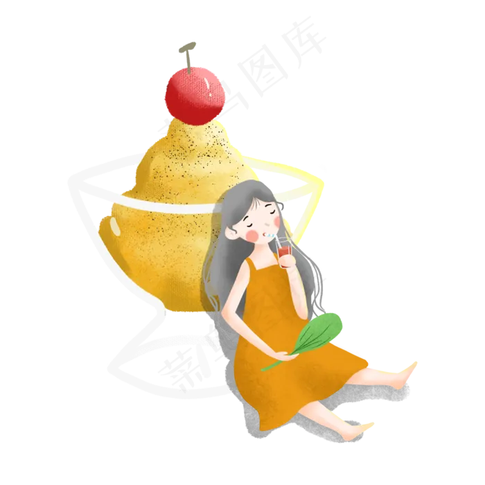 喝果汁扇扇子的女孩(2000X2000(DPI:300))psd模版下载