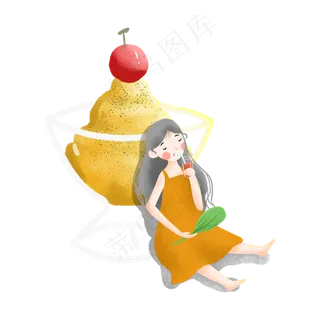 喝果汁扇扇子的女孩