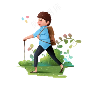 春天徒步旅行踏青卡通人物,免抠元素