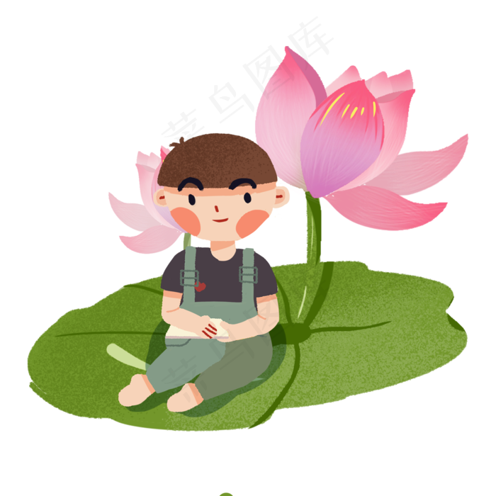 大暑男孩坐在荷叶上读书PNG素材
