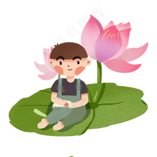 大暑男孩坐在荷叶上读书PNG素材
