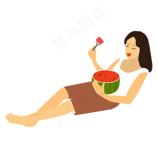 卡通矢量夏季躺着吃西瓜的女孩