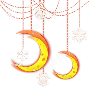 圣诞节平安夜月亮雪花剪纸挂饰,免抠元素
