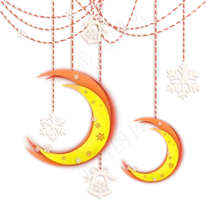 圣诞节平安夜月亮雪花剪纸挂饰,免抠元素