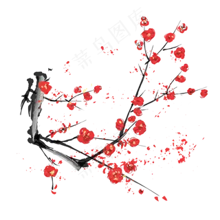 冬季植物梅花水墨素材,免抠元素