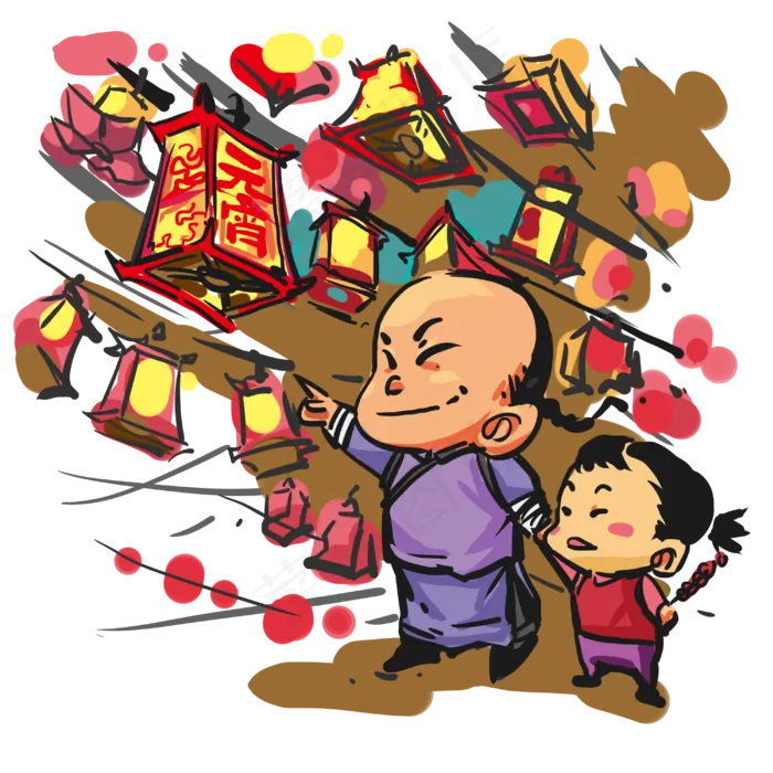 元宵节父亲带孩子赏花灯手绘人物,免抠元素