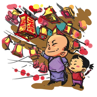元宵节父亲带孩子赏花灯手绘人物,免抠元素