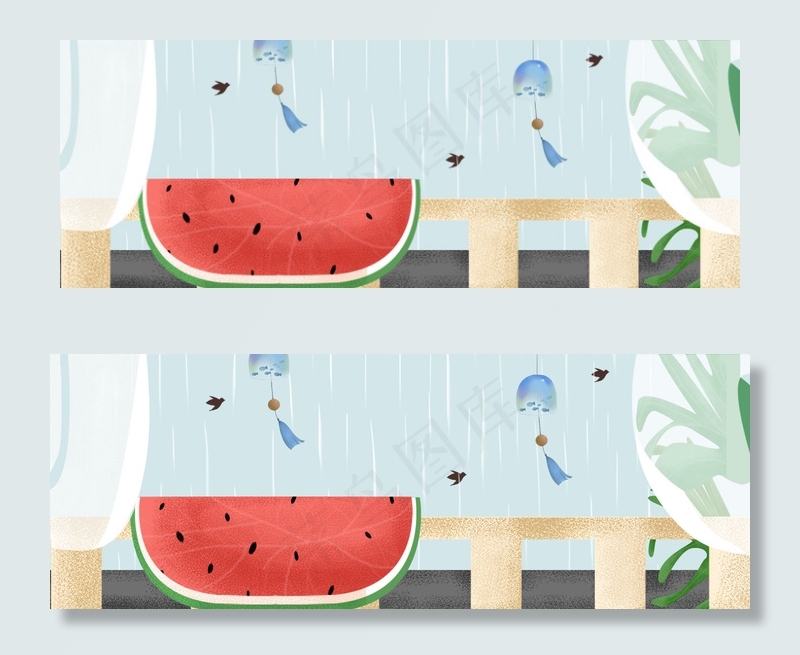 小清新西瓜窗台雨水大暑宣传banner(1920*700px 	       )psd模版下载