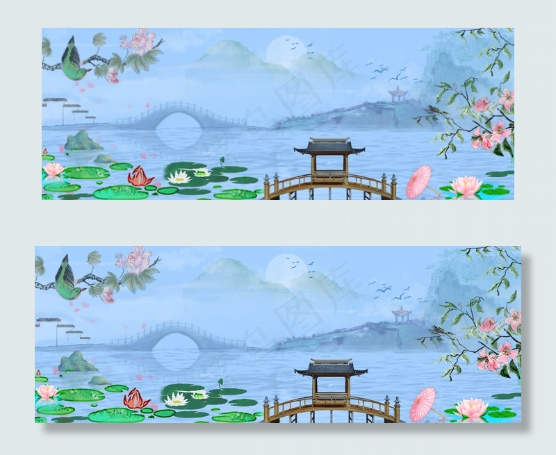 蓝色春天古风廊桥长桥山水背景