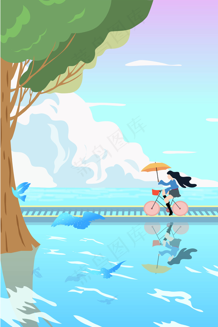 女孩骑车旅游清新矢量插画