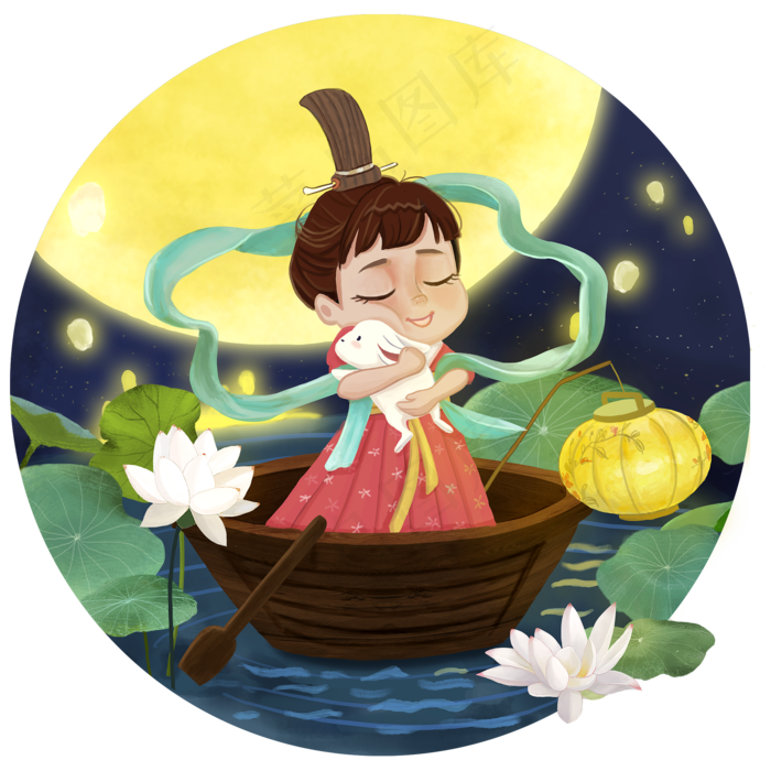 手绘中秋佳节嫦娥玉兔明月灯笼插(2000X2000(DPI:300))psd模版下载