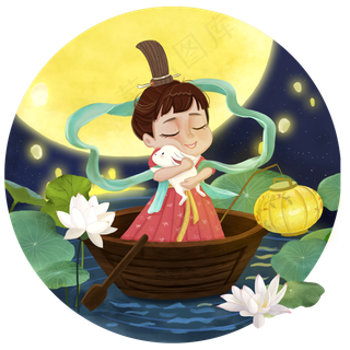 手绘中秋佳节嫦娥玉兔明月灯笼插