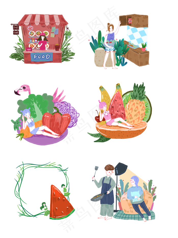 手绘美食小清新人物设计元素合集(1024X1369(DPI:150))psd模版下载