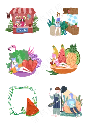 手绘美食小清新人物设计元素合集