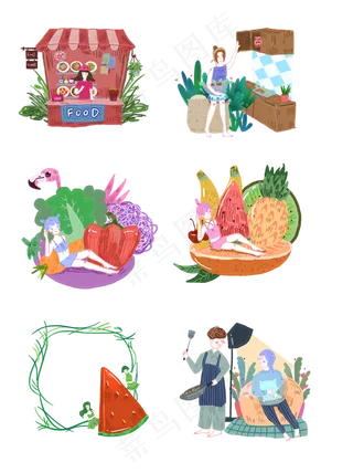 手绘美食小清新人物设计元素合集