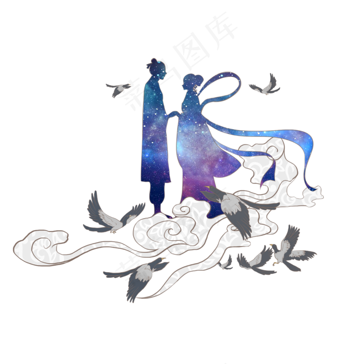 七夕节手绘鹊桥相会,免抠元素