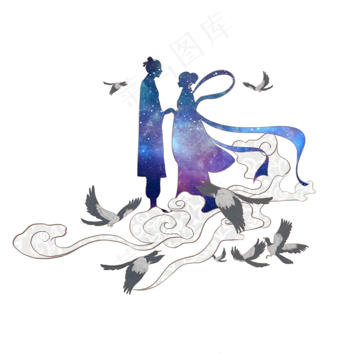 七夕节手绘鹊桥相会,免抠元素(2480X2554(DPI:300))psd模版下载