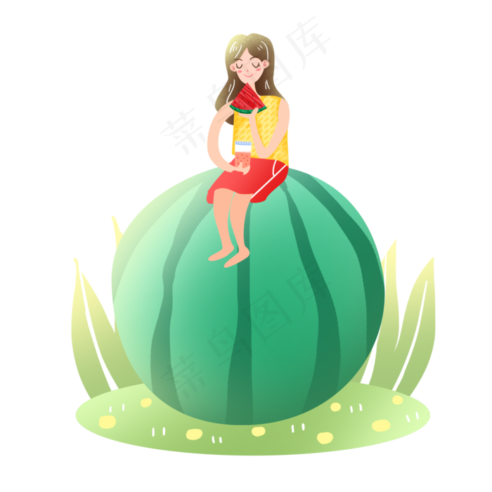 大暑西瓜吃西瓜的女孩素材