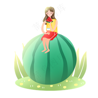 大暑西瓜吃西瓜的女孩素材