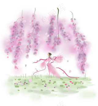 春天紫藤萝下的古代仙女